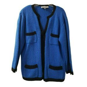 Vtg 100% Wool Cardigan sweater L Blue Black Pockets Hook Closure CIAO Sport Ltd